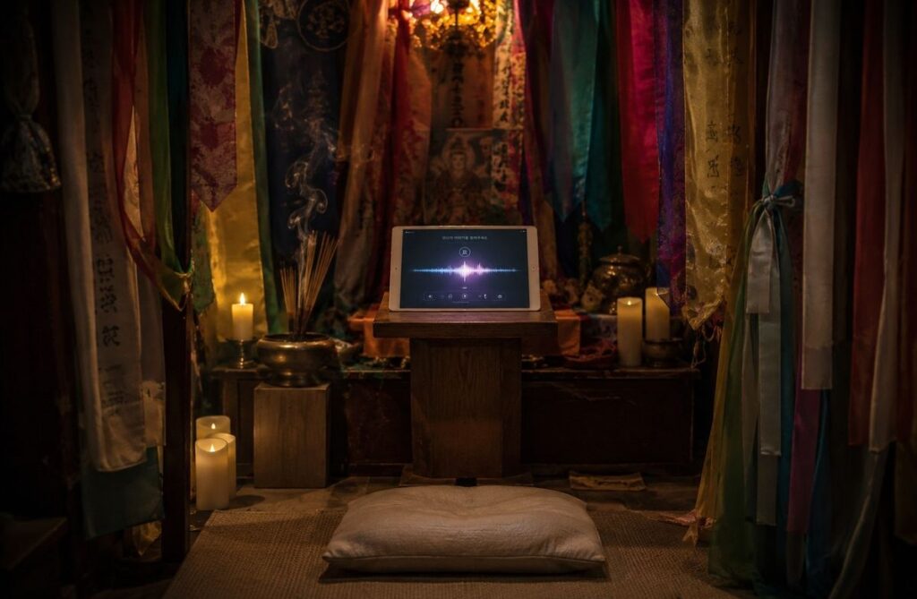 A dimly lit ritual booth with LED candles, colourful ribbons, and incense smoke, with a digital screen displaying an invisible AI shaman voice interface.