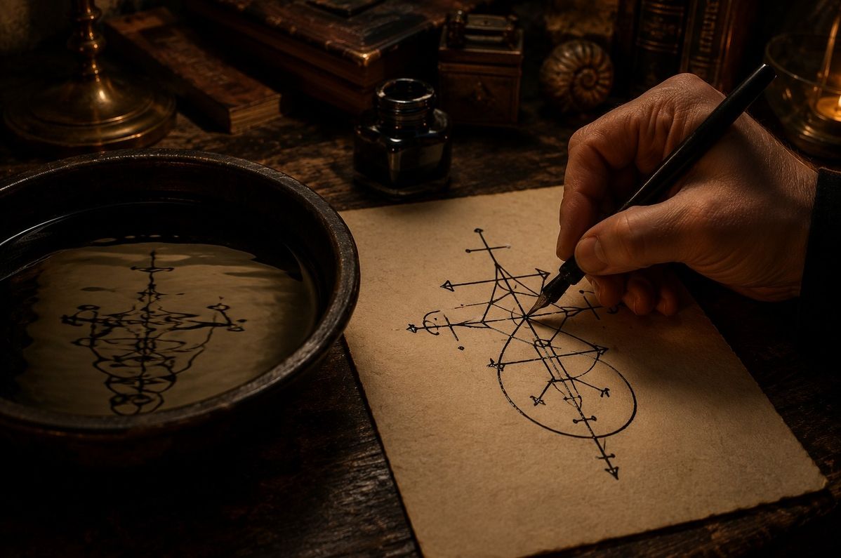 Hand drawing an abstract sigil in black ink on cream paper with ink lines subtly reflected in dark water