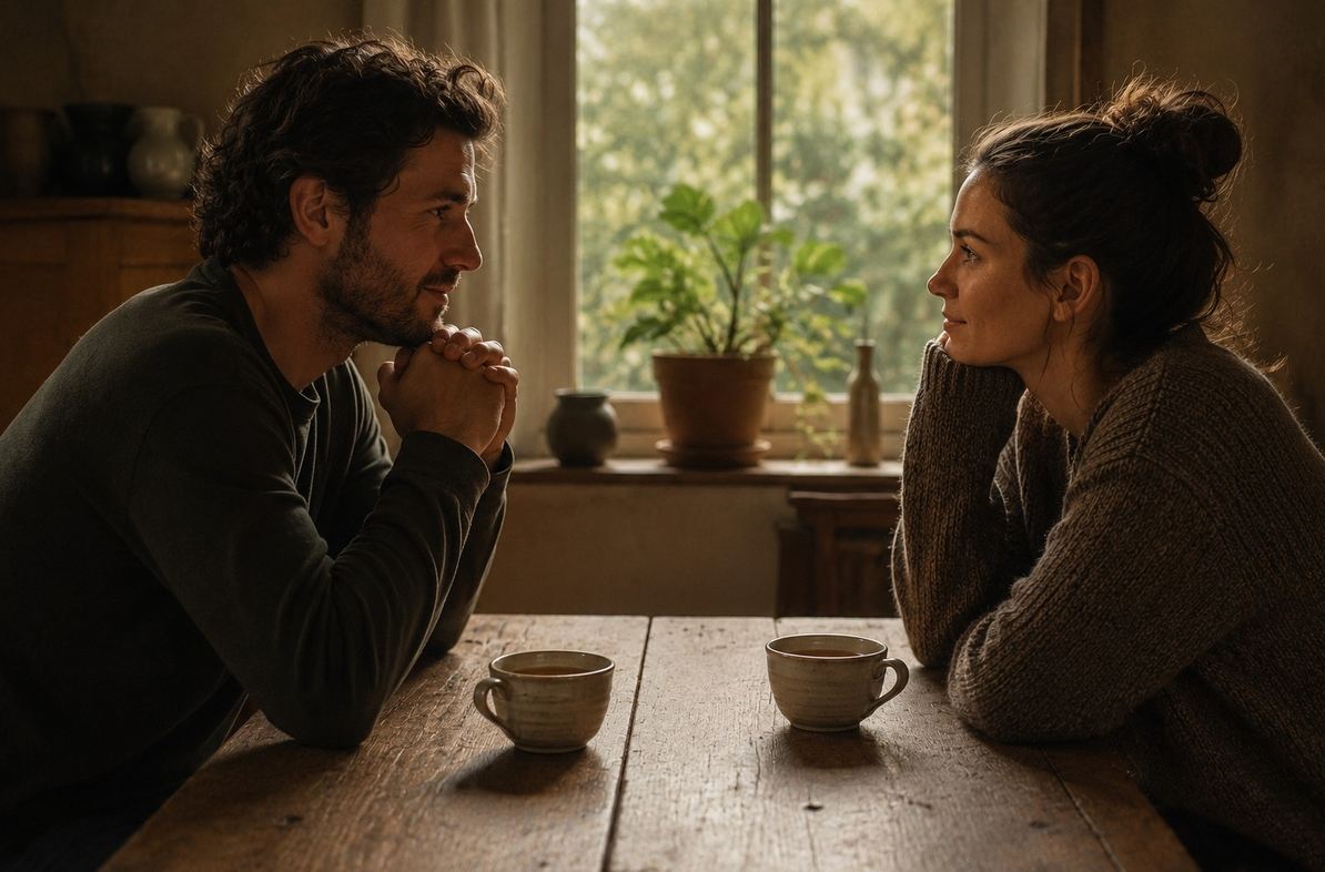 Two people sitting quietly across a table with untouched cups of tea, suggesting shared meaning without words