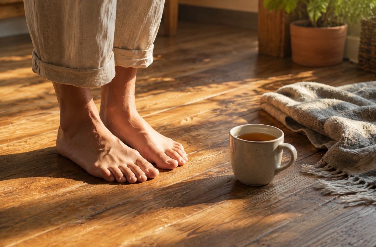 Bare feet standing on warm wooden floor beside a cup of tea and folded blanket in morning light