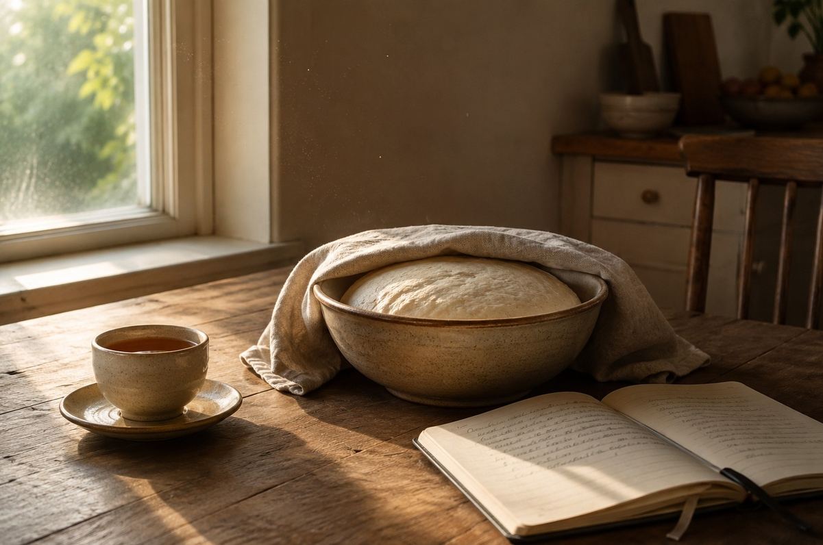 Bread dough slowly rising on a kitchen table in morning light, symbolising the slow work of spiritual integration after awakening
