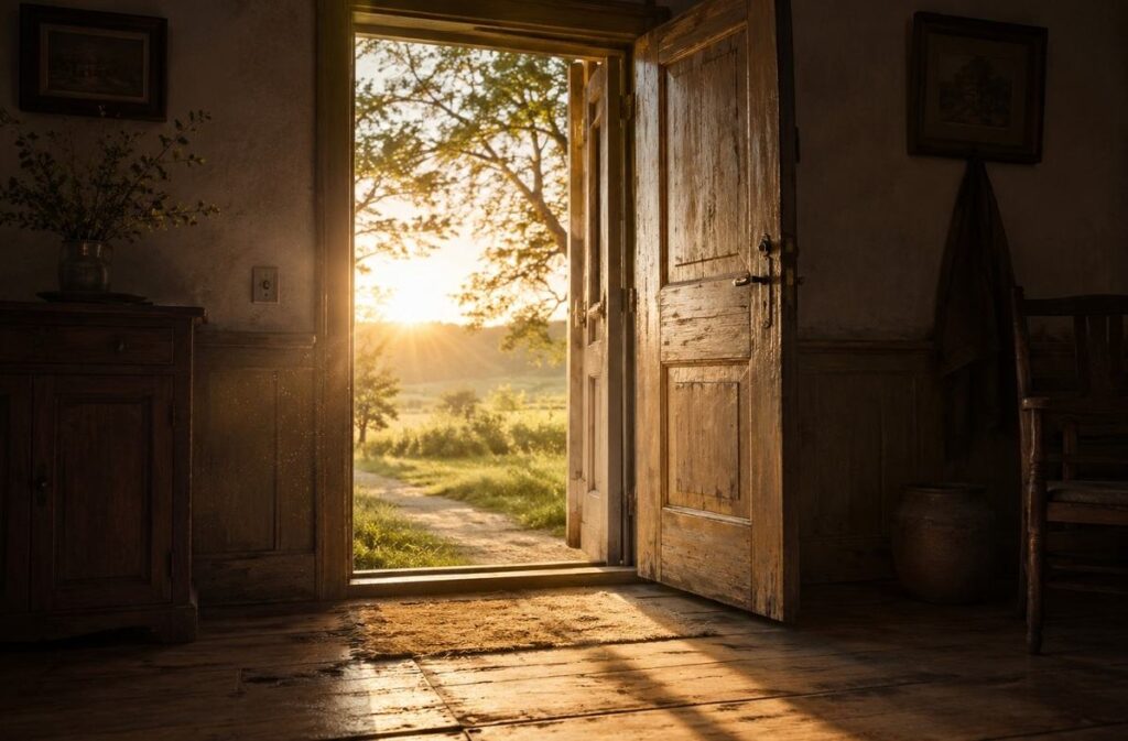 An old wooden door standing open inside a simple house with morning light entering across floorboards