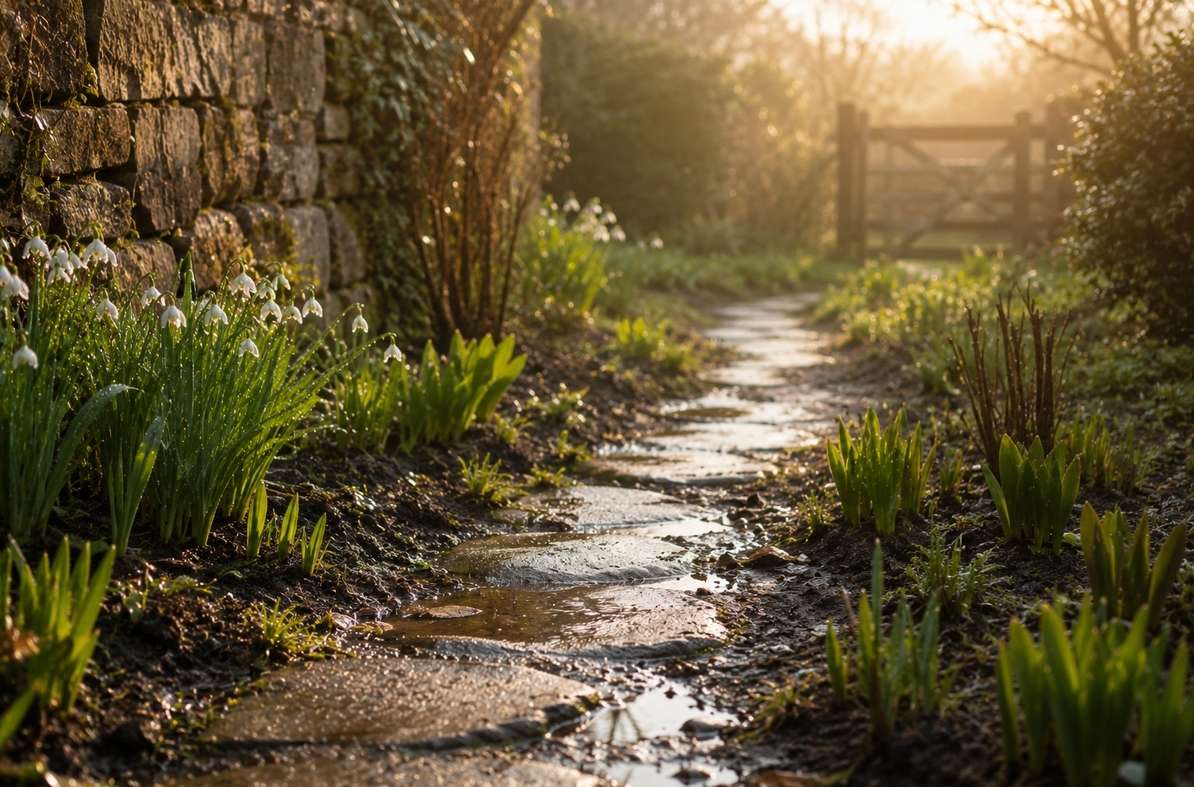 A narrow garden path with small green shoots emerging after rain in soft morning light