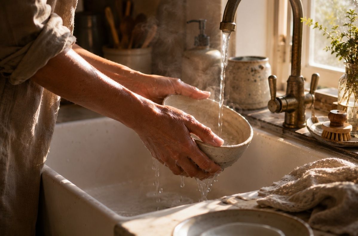Hands washing a simple ceramic bowl at a kitchen sink with sunlight on water droplets