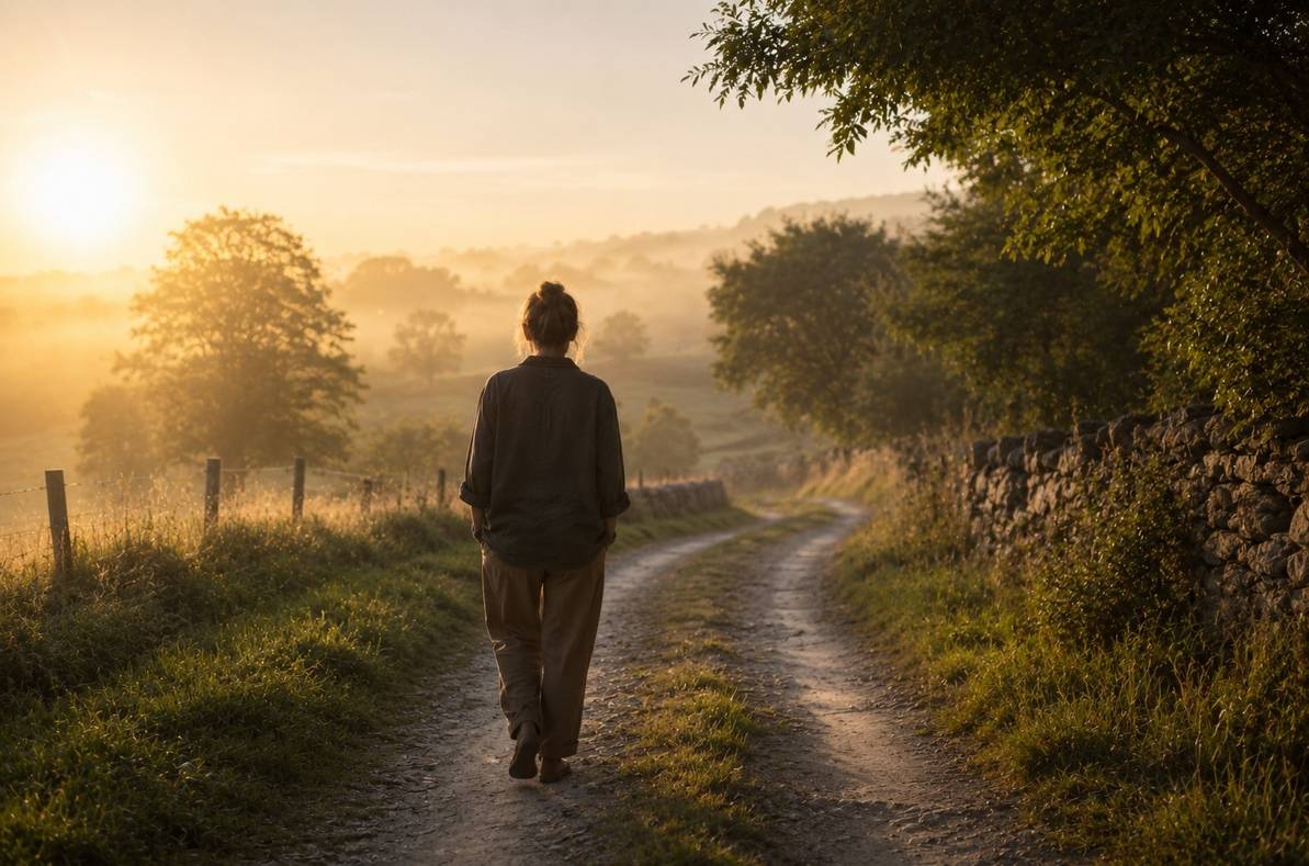 A solitary figure walking a quiet path at dawn, simple and grounded, representing the ordinary saint
