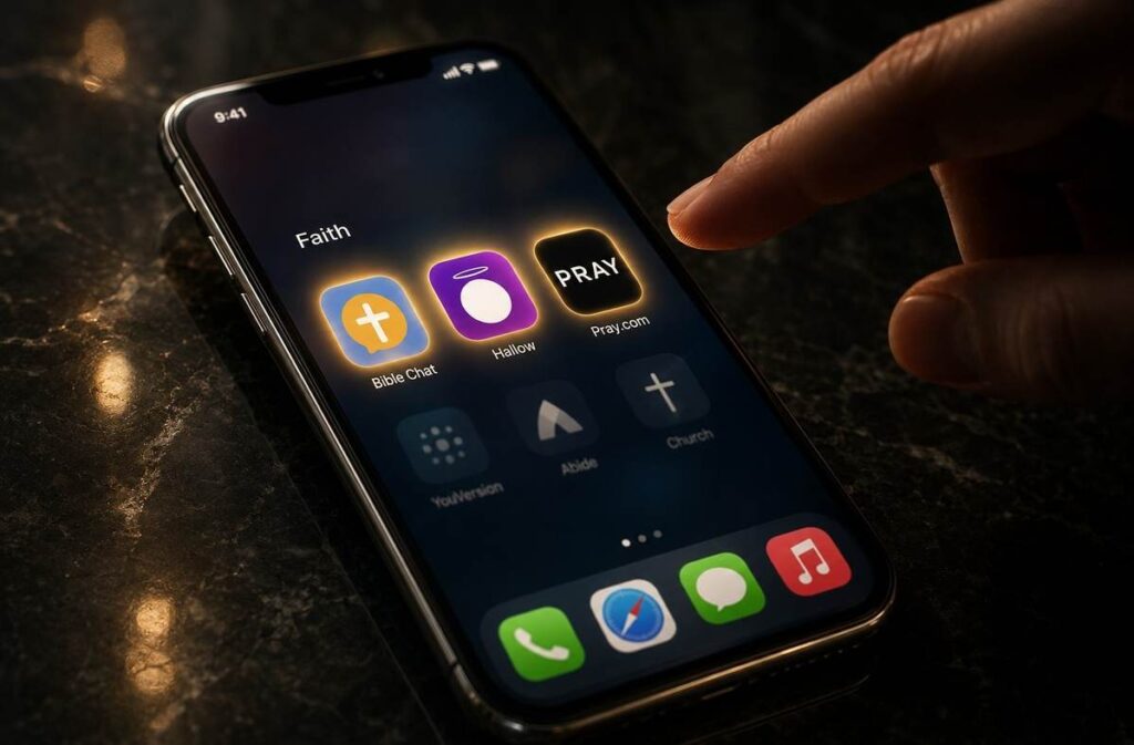 Smartphone displaying multiple faith-tech app icons including Bible Chat, Hallow, and Pray.com on a dark reflective surface with subtle halo glow effects