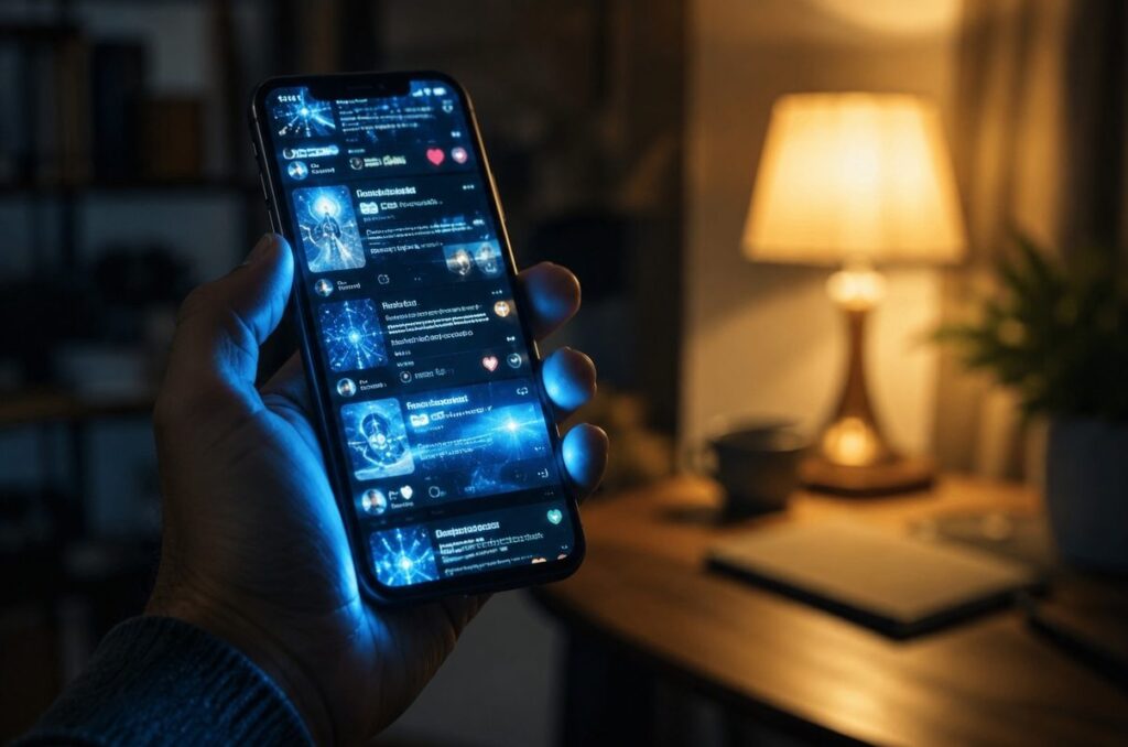 A hand holding a smartphone with an endless content feed, blue screen light casting across the fingers, symbolising algorithmic attention capture.