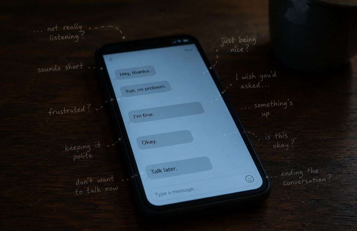 A smartphone showing a text conversation with faint ghost-like words hovering around the messages, symbolising implied meaning in digital communication