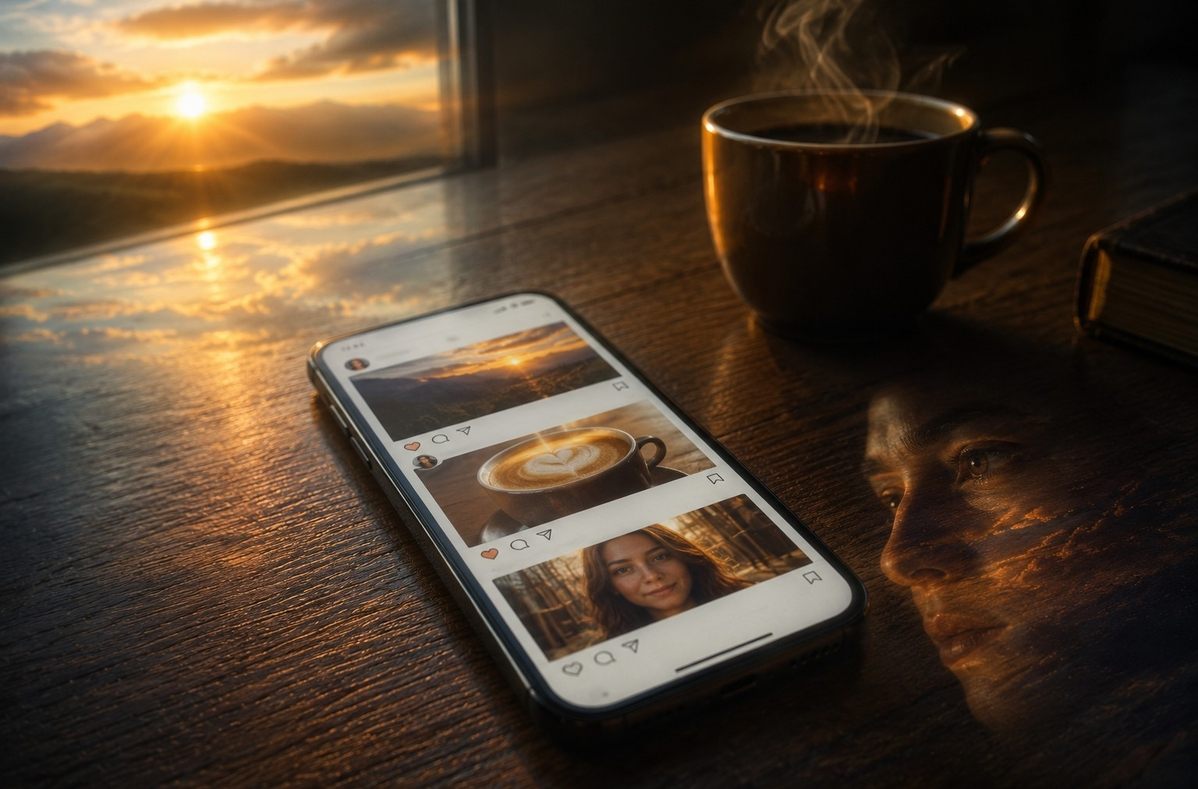 A smartphone where social media images leak into the physical world, symbolising the collapse of the boundary between digital representation and physical reality