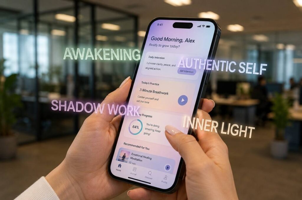 Smartphone screen displaying wellness app interface with floating marketing words like awakening, authentic self, shadow work, inner light