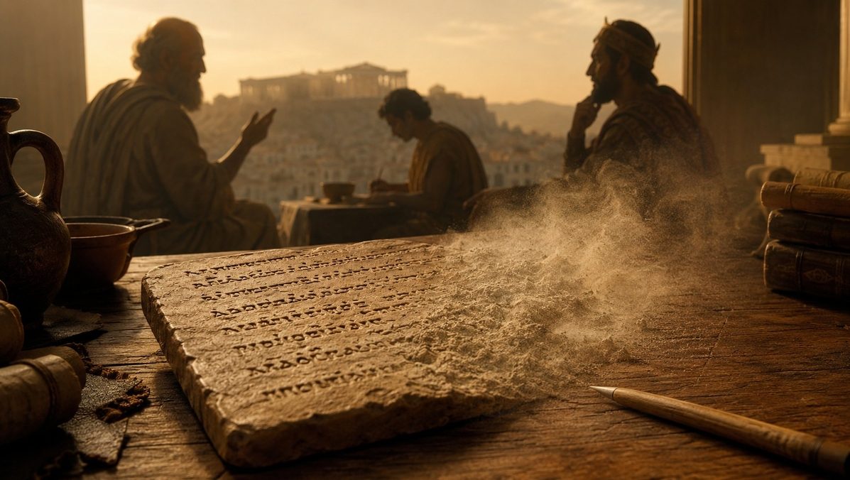 A clay tablet, stylus and faint classical figures in warm light, symbolising Socrates’ warning that writing is both remedy and poison for memory