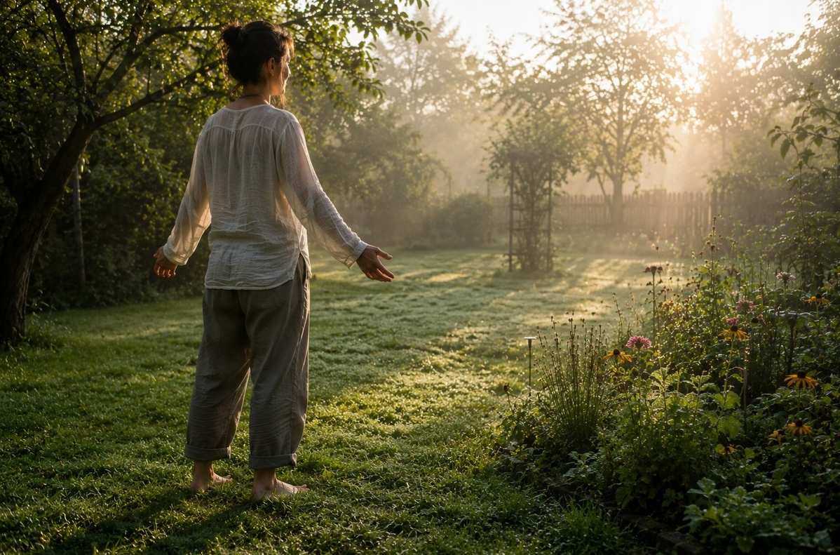 A person standing barefoot on grass in soft morning light, symbolising a softened perceptual interface
