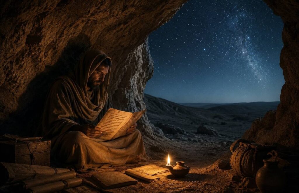 Solitary figure reading ancient manuscript by candlelight in a desert cave, representing genuine gnosis