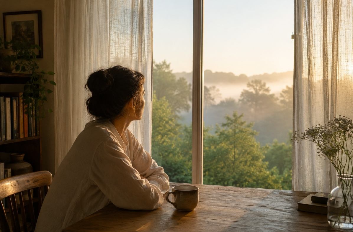A solitary person sitting quietly beside a dawn-lit window with tea, representing sacred solitude rather than loneliness