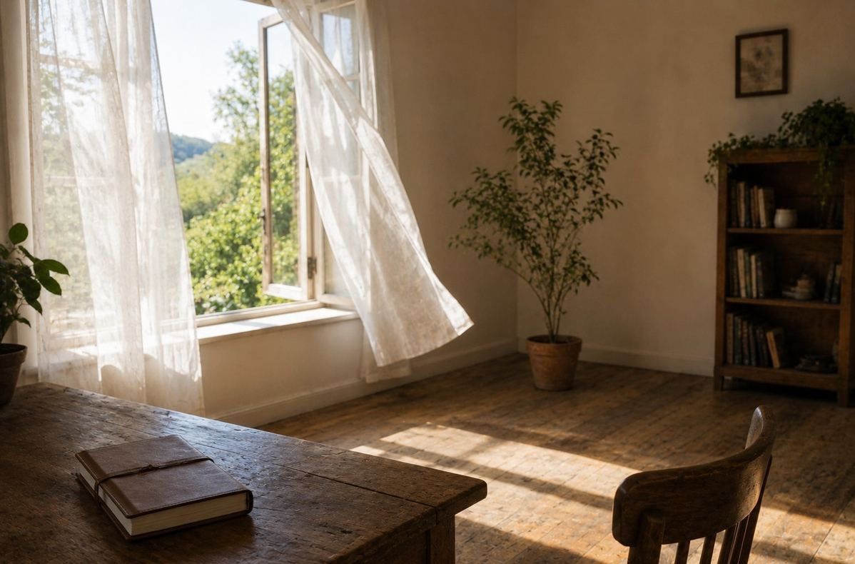 A simple table with bread, tea, linen and wildflowers in morning light, representing ordinary life keeping solitude honest