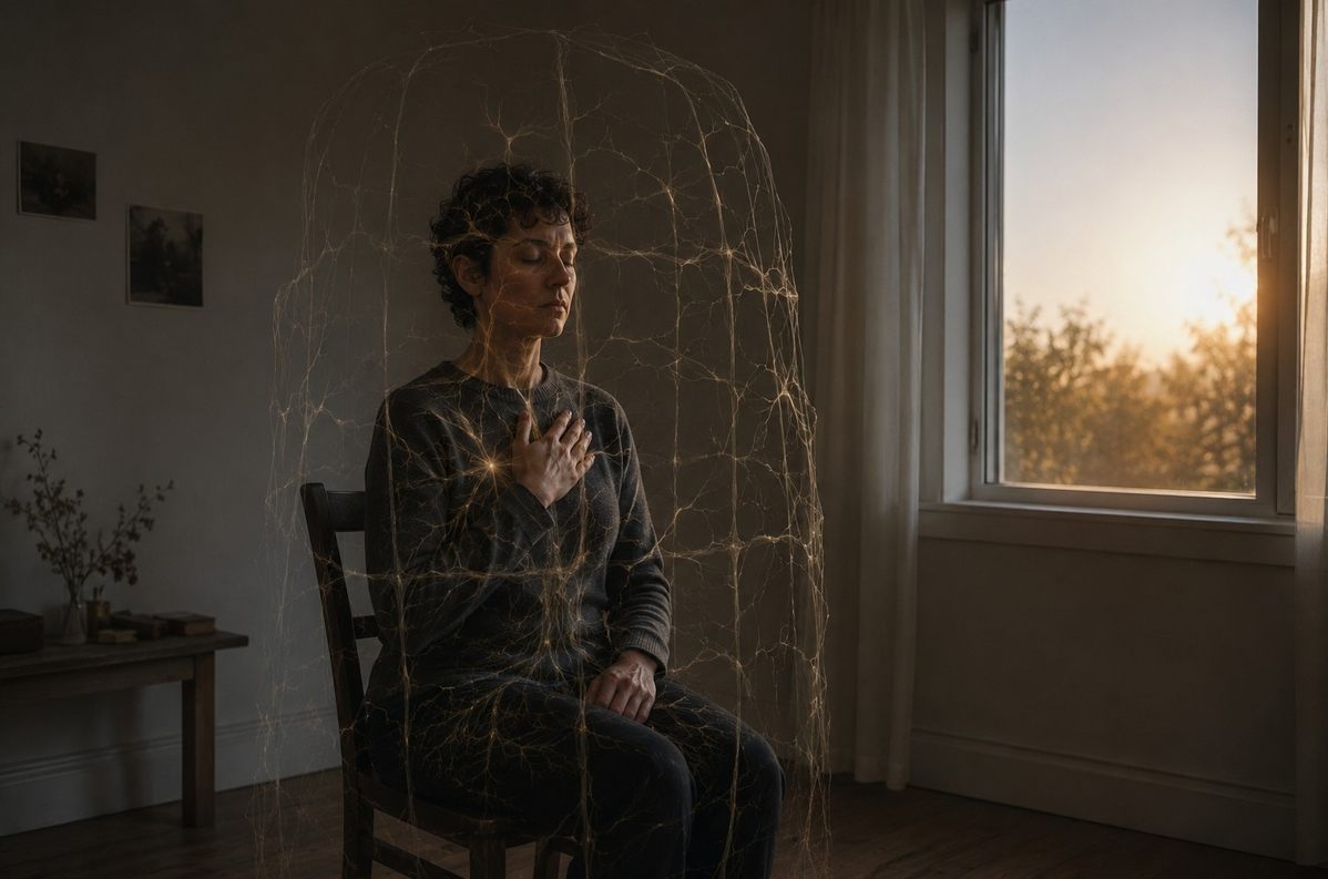 A person seated quietly in a dim room with a faint cage-like pattern of nervous-system lines around the body, while soft dawn light waits beyond an open window