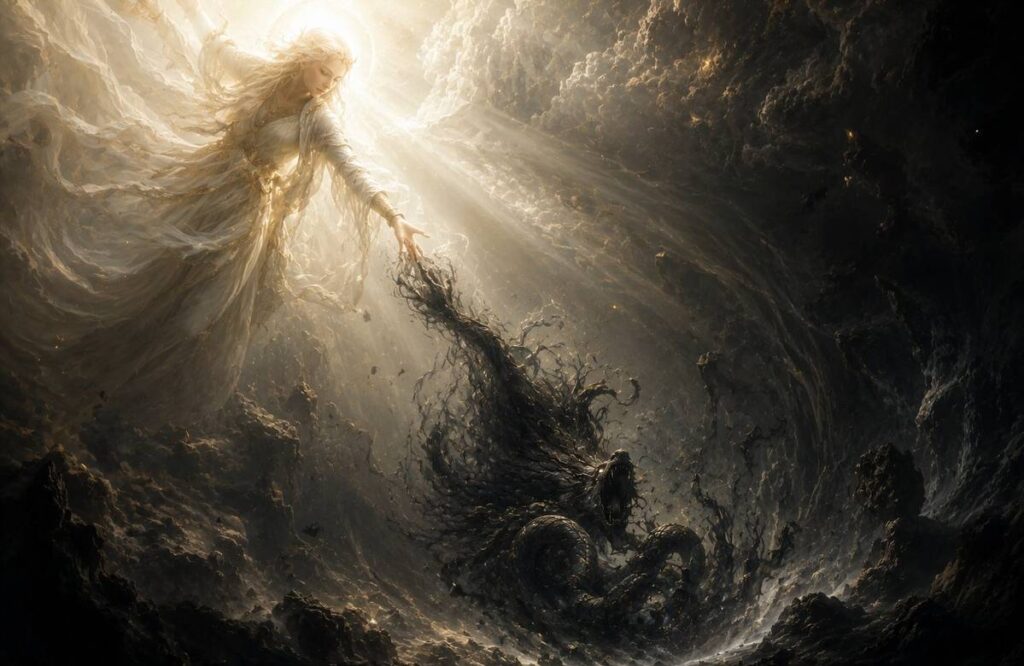 A luminous divine feminine figure casting a dark shadowy form into a churning abyss, representing Sophia's creation of Yaldabaoth.