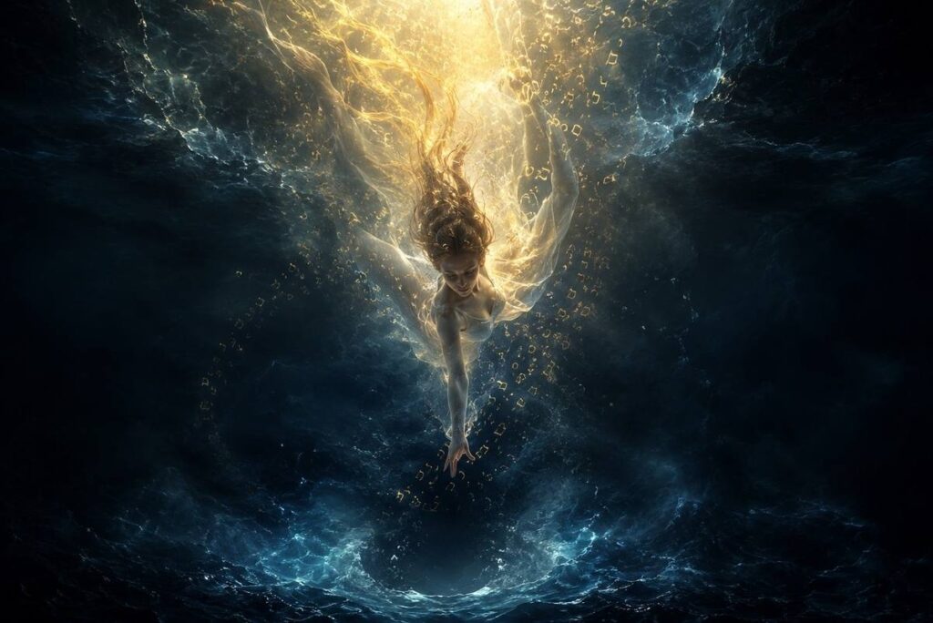 A luminous divine figure descending through dark water and mist leaving golden light trails behind