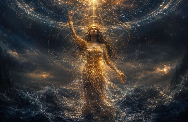 A luminous feminine figure woven from starlight and Hebrew script standing between celestial order and dark waters