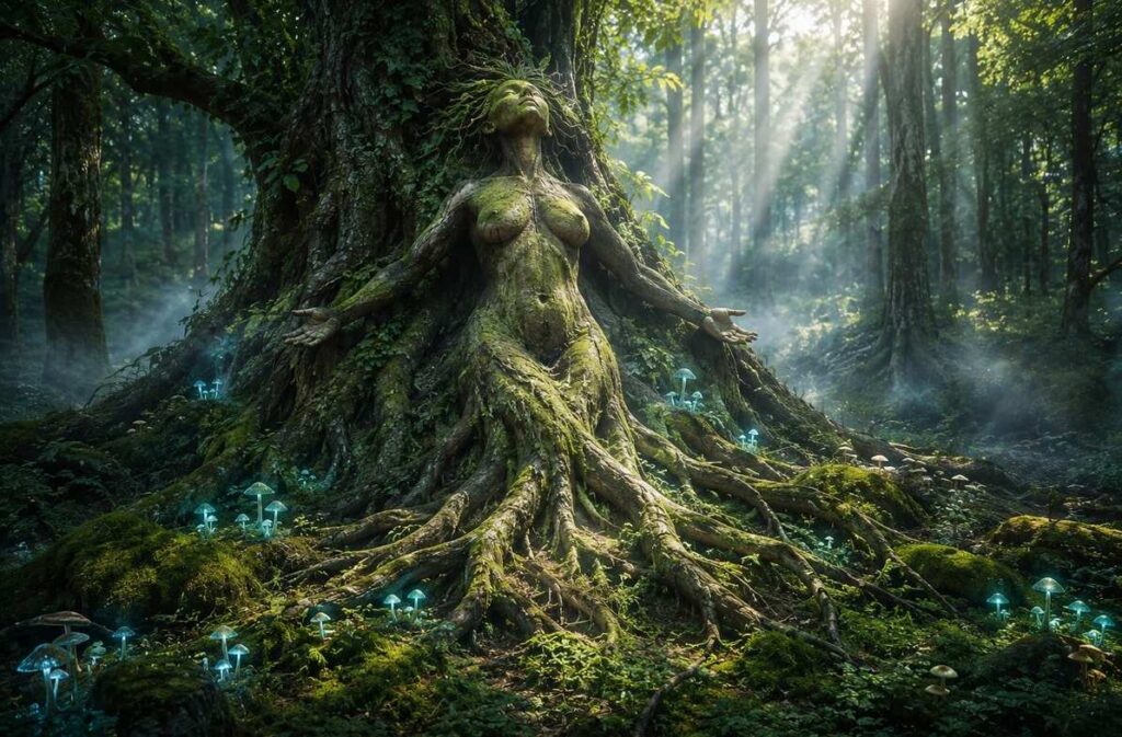 Ancient tree roots forming a divine feminine figure in a forest clearing with bioluminescent fungi