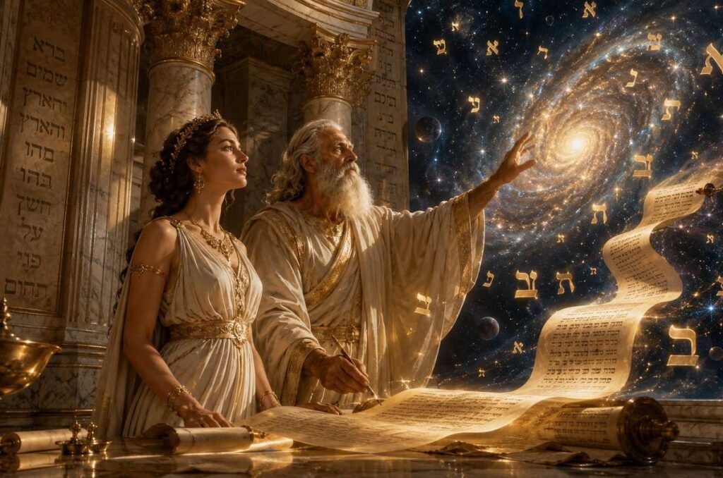 A classical feminine figure of Wisdom standing beside a cosmic architect at the moment of creation with Hebrew letters as golden light