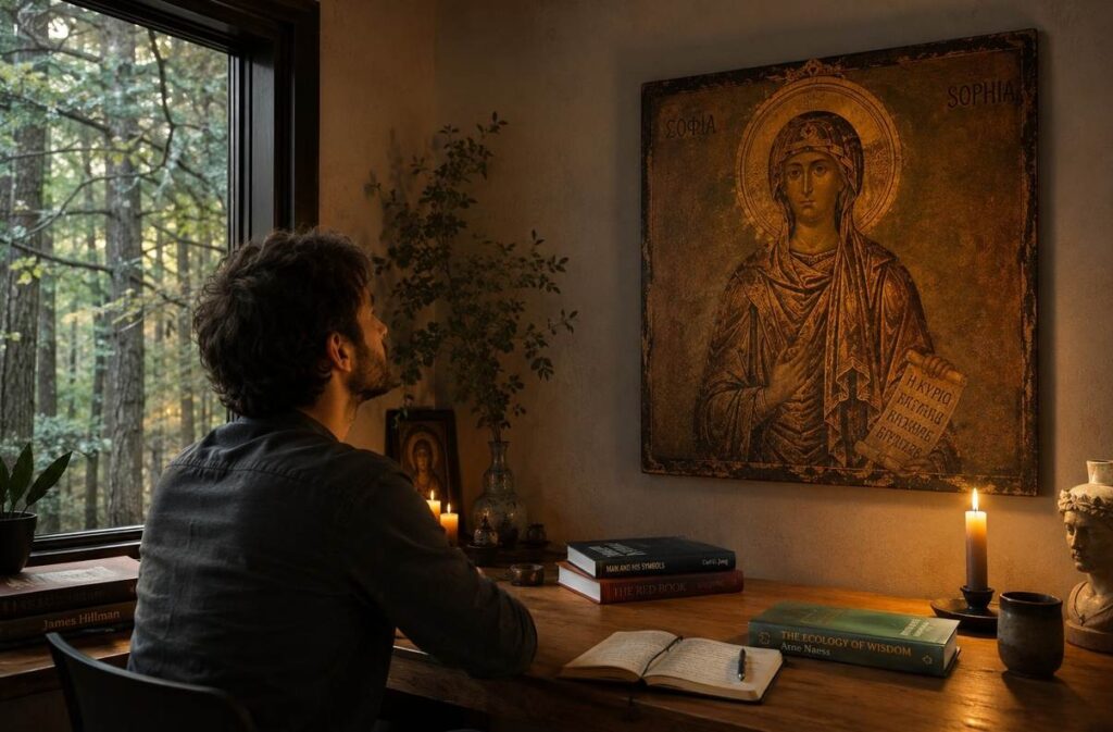 A solitary modern seeker in a candlelit study gazing at a medieval icon of Sophia with a living forest visible outside