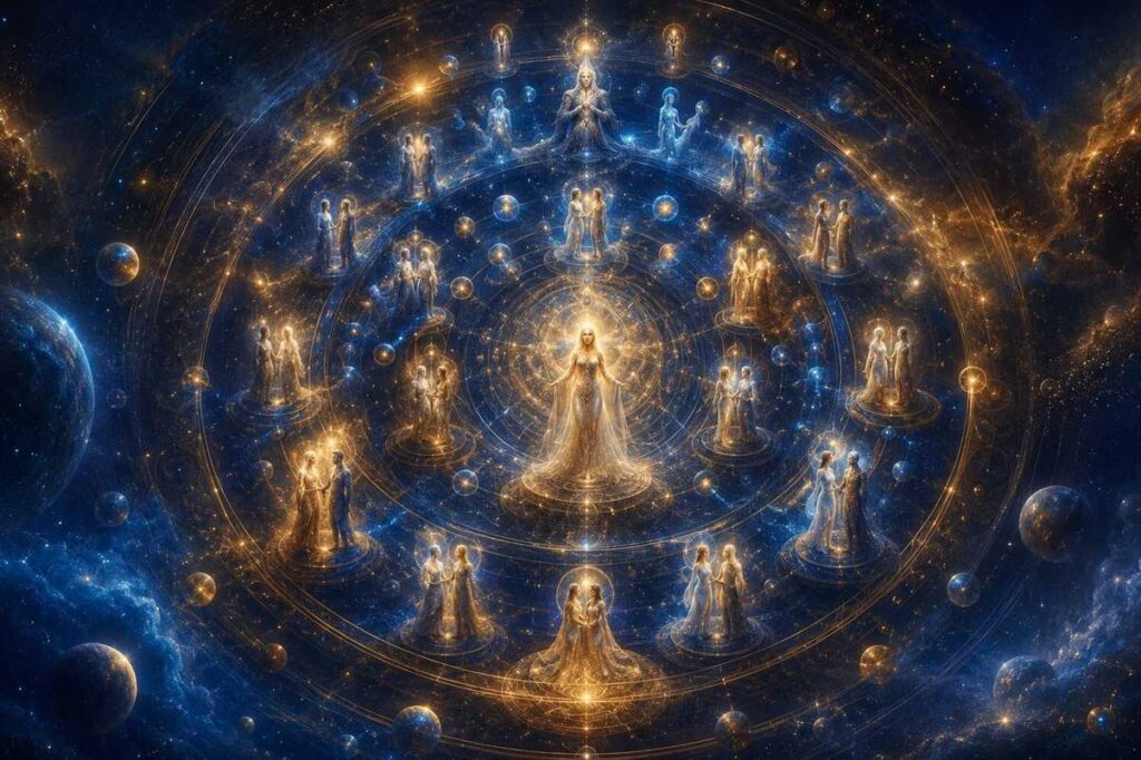 A luminous feminine figure at the centre of nested celestial spheres surrounded by divine male-female pairs