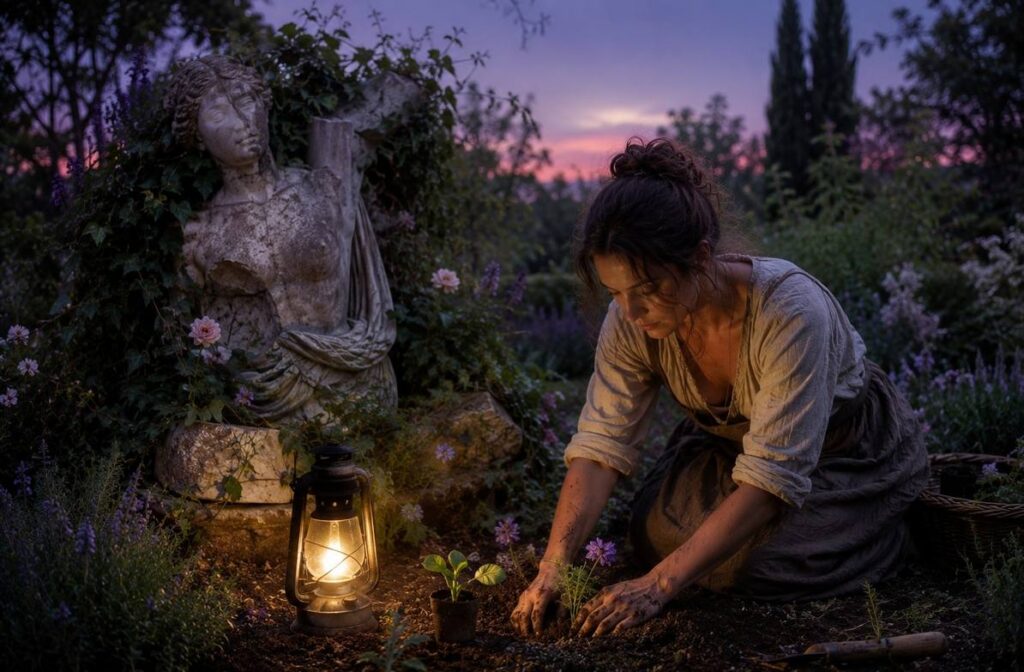 Woman planting seedlings by lantern light near a broken classical statue overgrown with ivy.