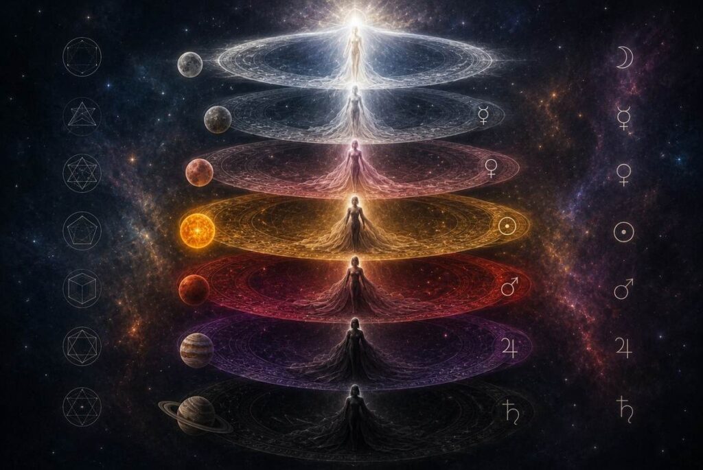Ancient cosmological diagram of seven nested crystalline planetary spheres floating in deep space with geometric precision.