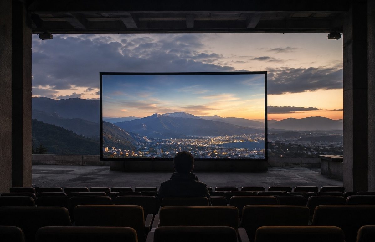 A figure in an empty cinema watching a perfect screen replica of the world while the real landscape is visible beyond it