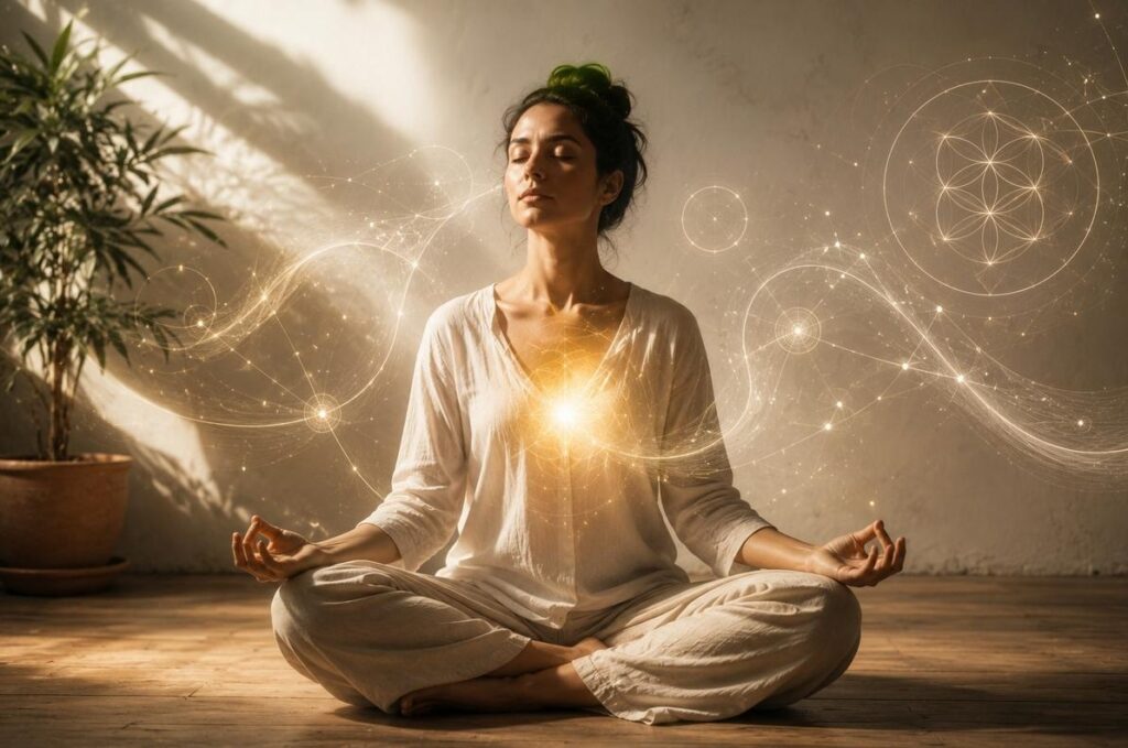 A person in meditation posture with subtle golden light radiating from the chest, representing Neo Gnosticism as embodied spiritual practice.