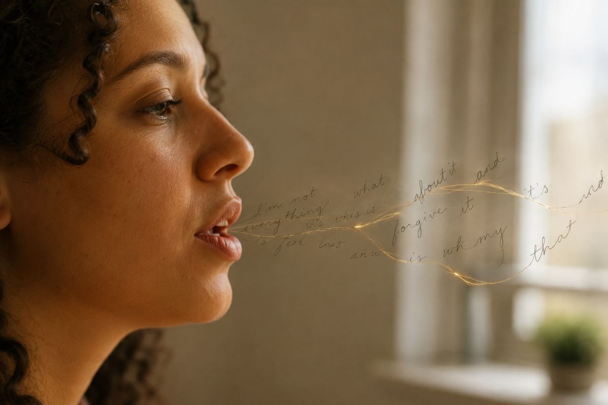 A close view of a person speaking softly while faint grey words and warmer light suggest the difference between what is said and what is meant
