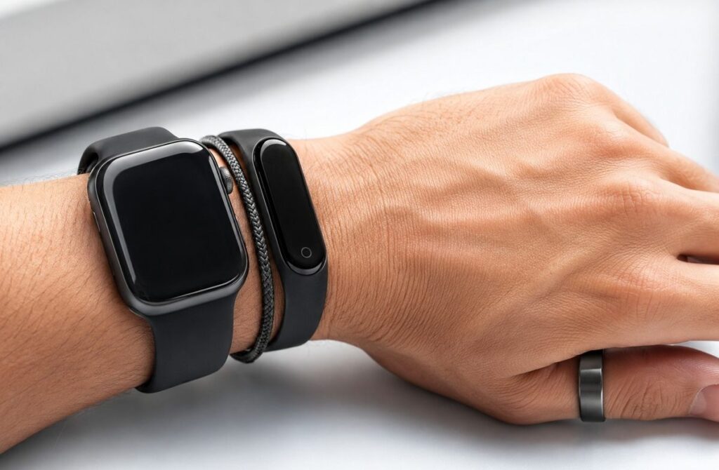 A wrist wearing multiple fitness trackers and smart rings stacked together