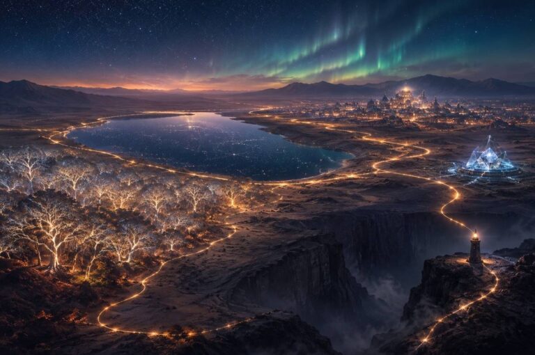 Vast interior landscape of consciousness with five territories connected by golden thread