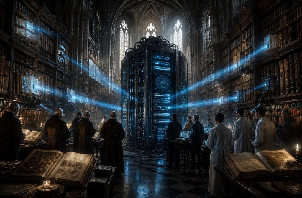 An ancient cathedral library with leather-bound religious texts being scanned by blue light into a massive server rack at the centre, monks and engineers standing side by side.