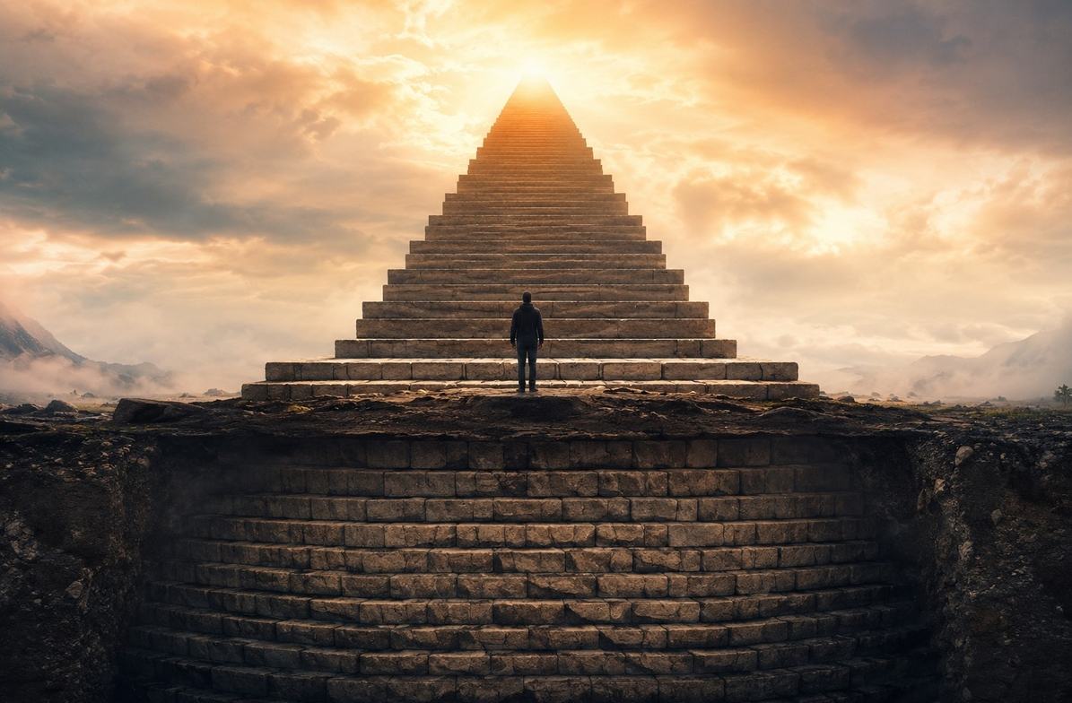 A solitary figure at a geometric stone staircase with foundation stones three times deeper than visible steps, dawn light breaking through clouds