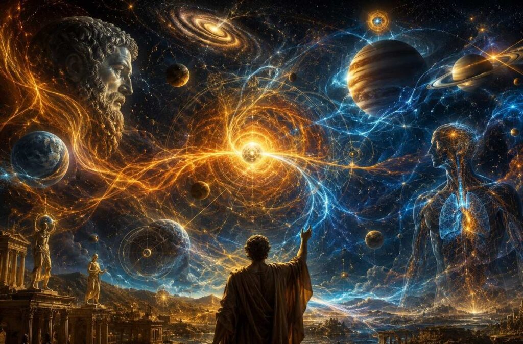 Golden streams of fire and cool air intertwining through the cosmos, permeating planets and living beings in an ancient philosophical vision.