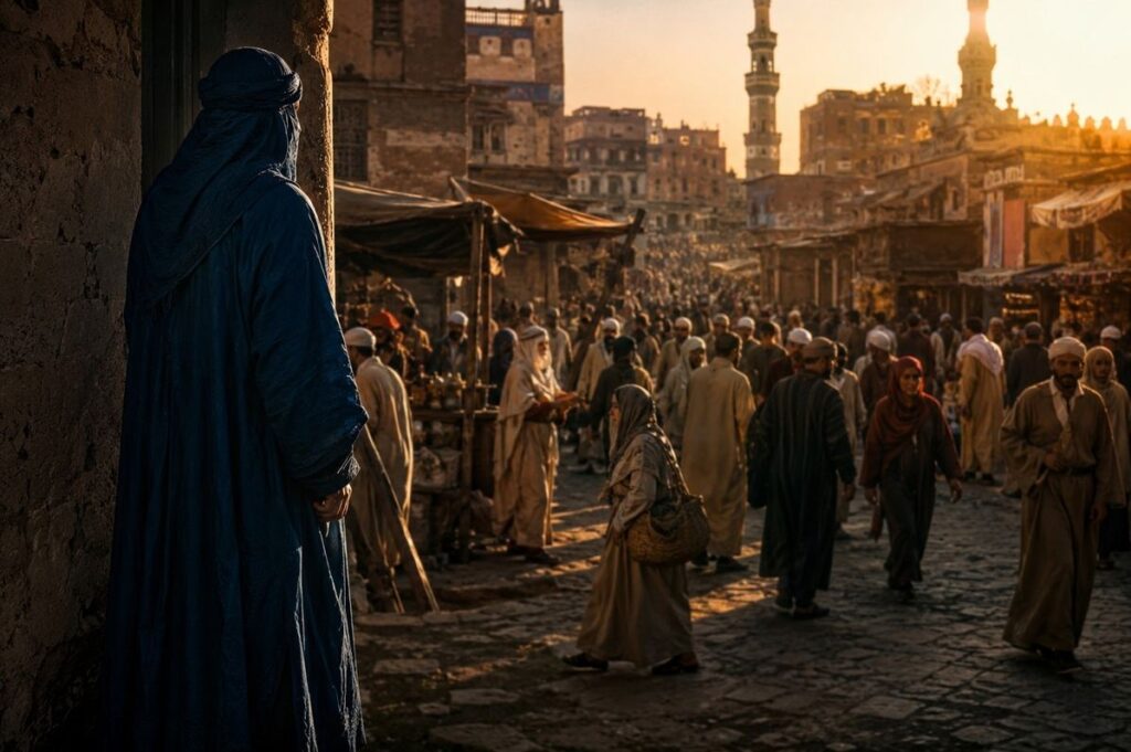 Lone traveller in foreign robes at edge of ancient marketplace, observing but not belonging