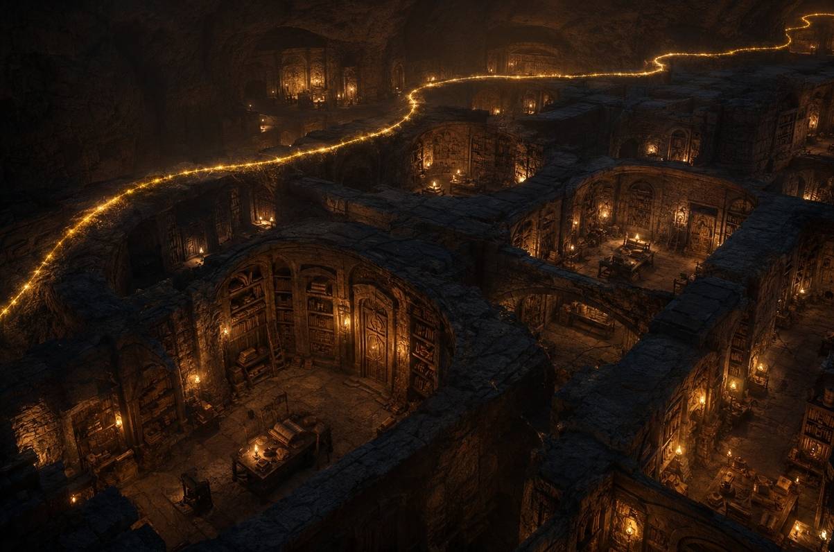 Ancient manuscripts hidden in stone wall passages of underground catacombs with warm candlelight