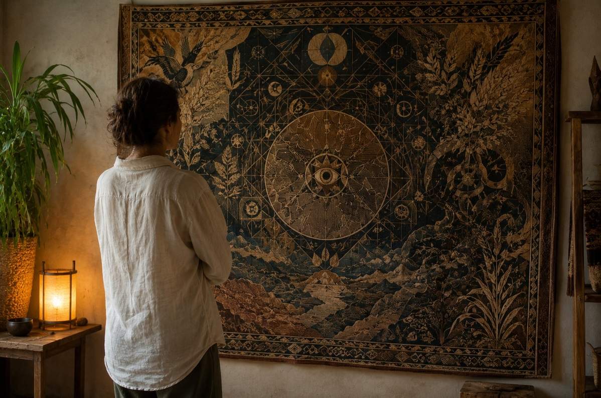 A person looking at a complex tapestry where geometric patterns and natural forms interweave, symbolising symbolic sight and pattern recognition