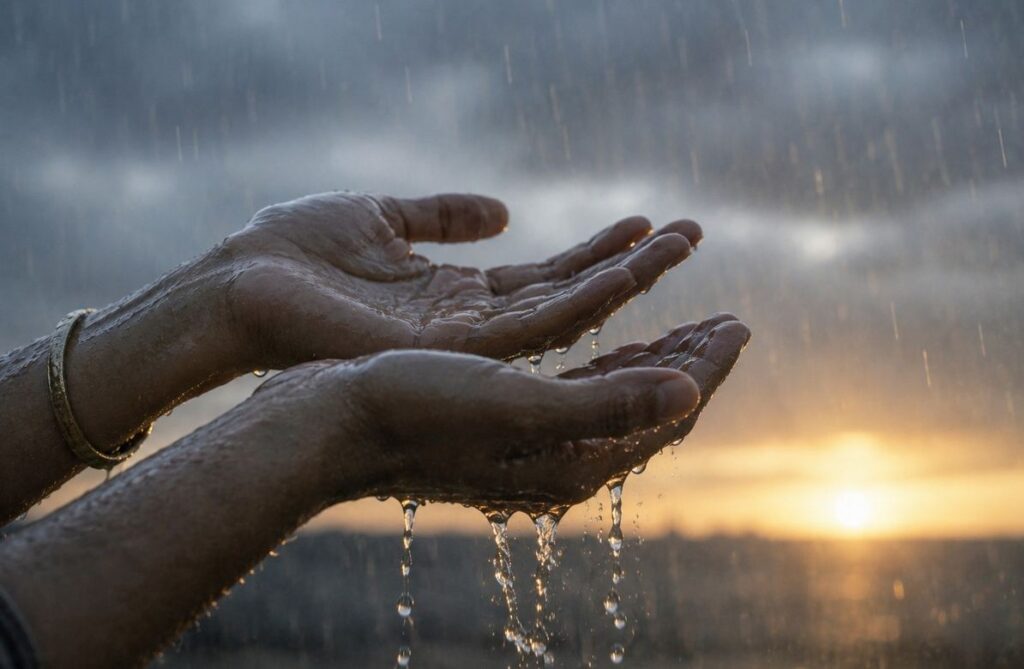 Two hands held open under falling rain, allowing water to pass through rather than holding it, with soft grey-blue light and warm gold on the horizon.