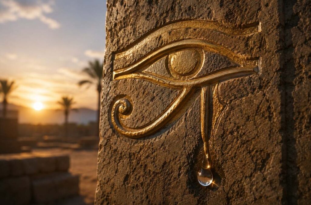 An ancient Egyptian-inspired golden eye motif carved into weathered stone, with a single drop of water catching sunlight beneath it.