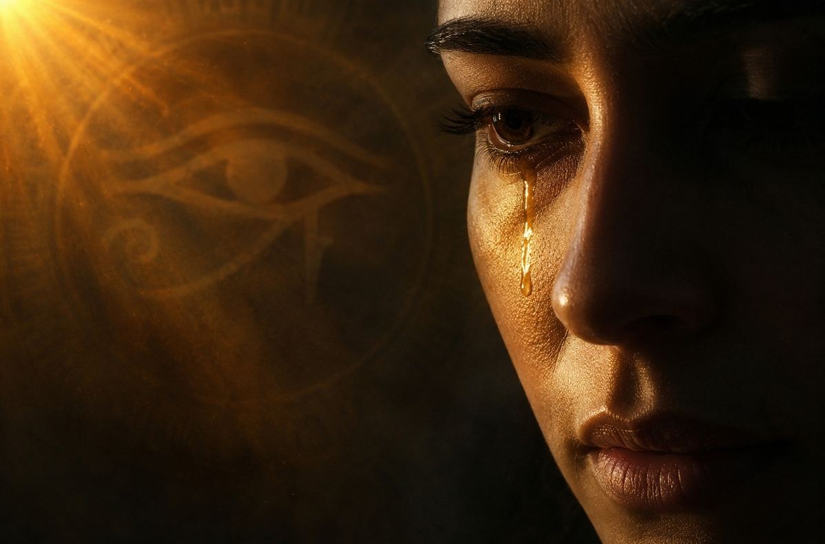 A close contemplative human face with a single tear falling from the right eye, golden solar light catching the tear, subtle Egyptian sun disc in background