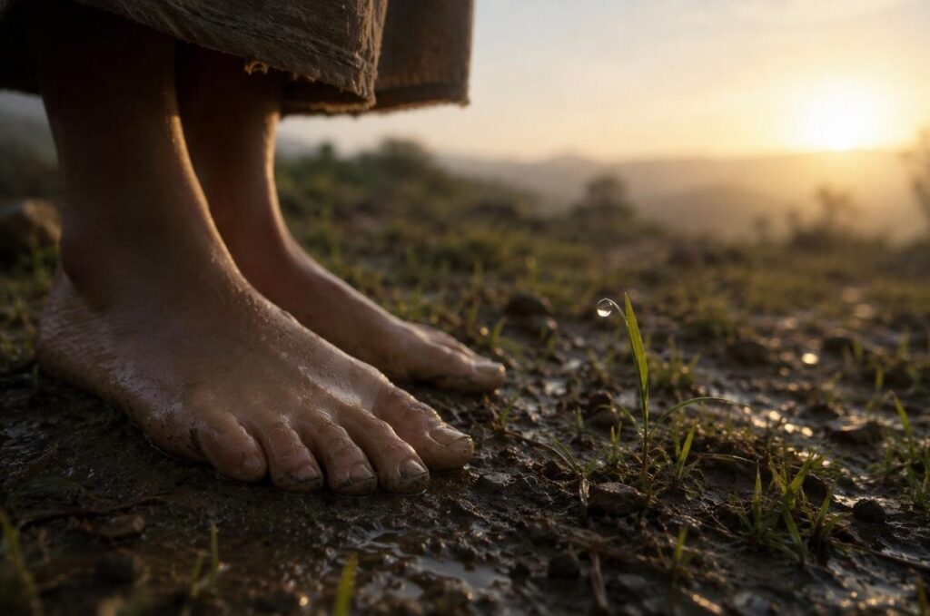 Bare feet standing on damp earth beside small green shoots after rain, with a single tear-like drop on a blade of grass.
