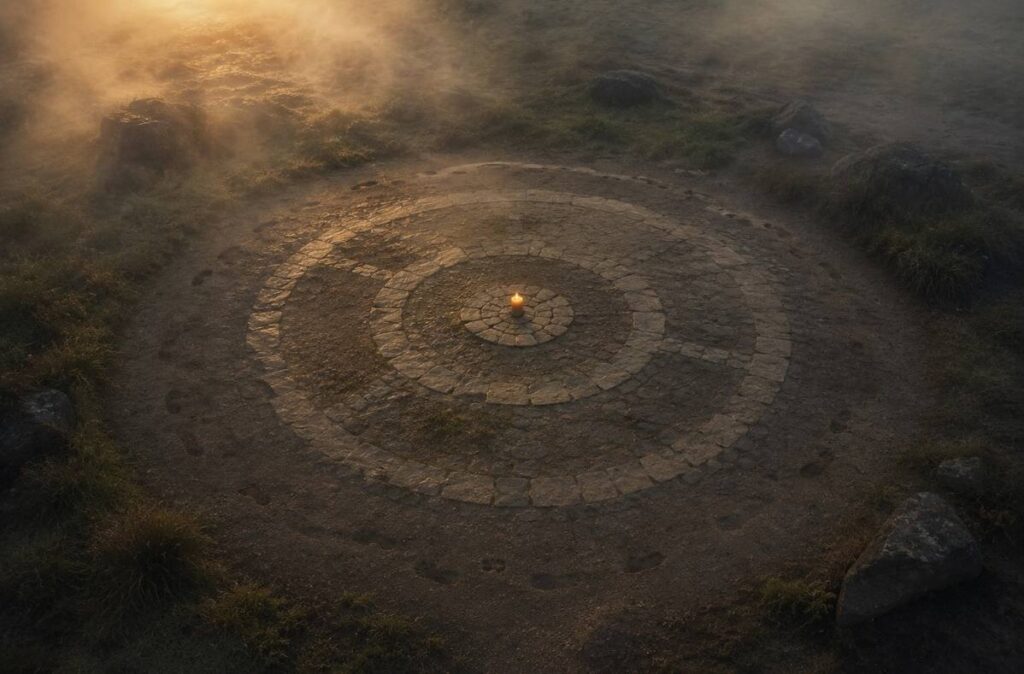A quiet circular stone path seen from above in soft dawn mist, with faint footprints around it and a single candle at the centre