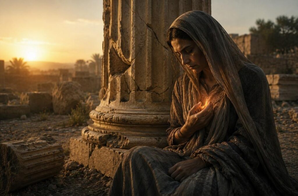 A veiled feminine figure seated beside a broken stone column at dawn, holding a small glowing ember near the heart.