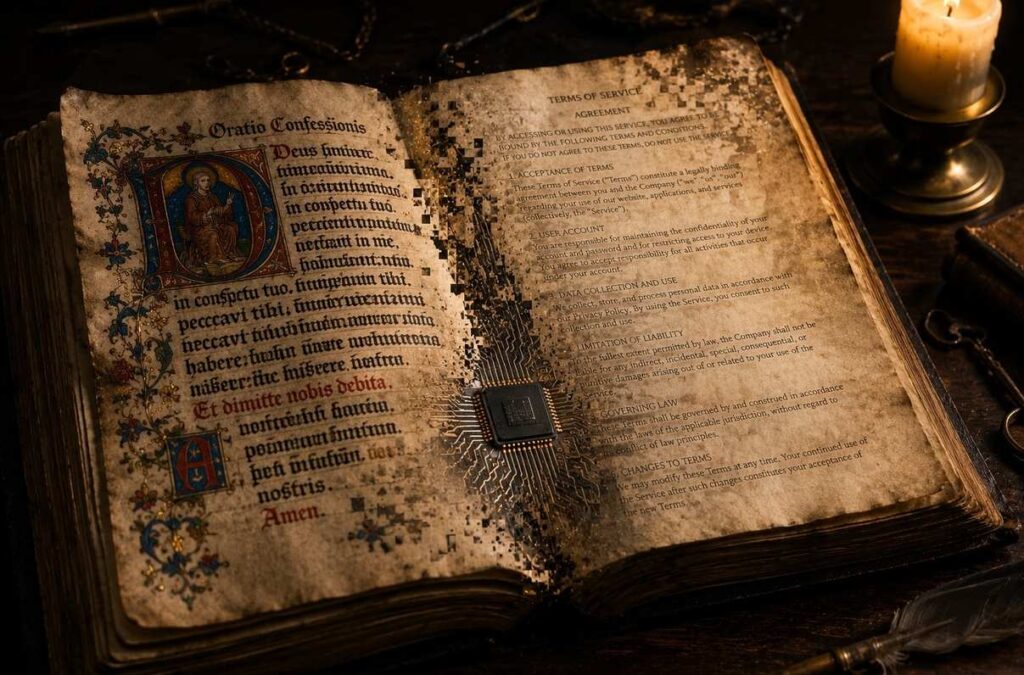 An ancient illuminated manuscript of confessional prayers morphing into modern legal terms-of-service text printed on corporate letterhead, sealed with a silicon chip.
