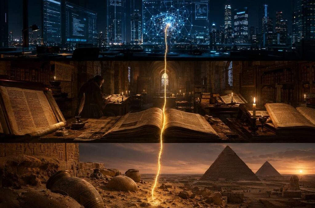 Golden luminous thread weaving through layers of historical and modern landscapes from ancient desert to contemporary city