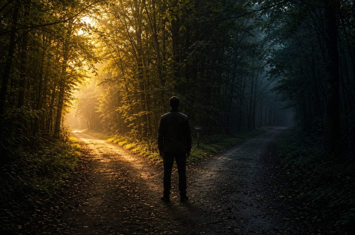 A forest path at dusk where the same trees appear both peaceful and ominous depending on light, symbolising how threat changes perception