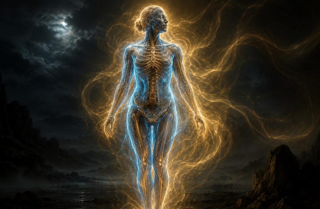 A translucent human figure showing three layers: earthy core, water-like soul, and golden breath-like aura representing the three Gnostic natures.